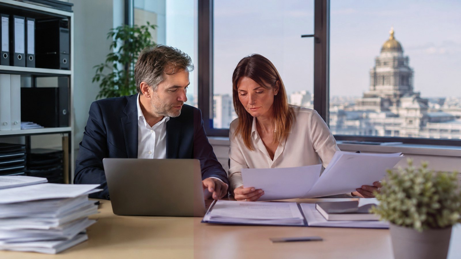 Professionnels analysant des documents dans un bureau